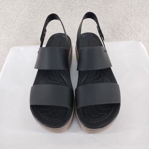 Crocs Platform Sandal Womens 9 Black Taupe Two Strap Slingback Wedge Croslite